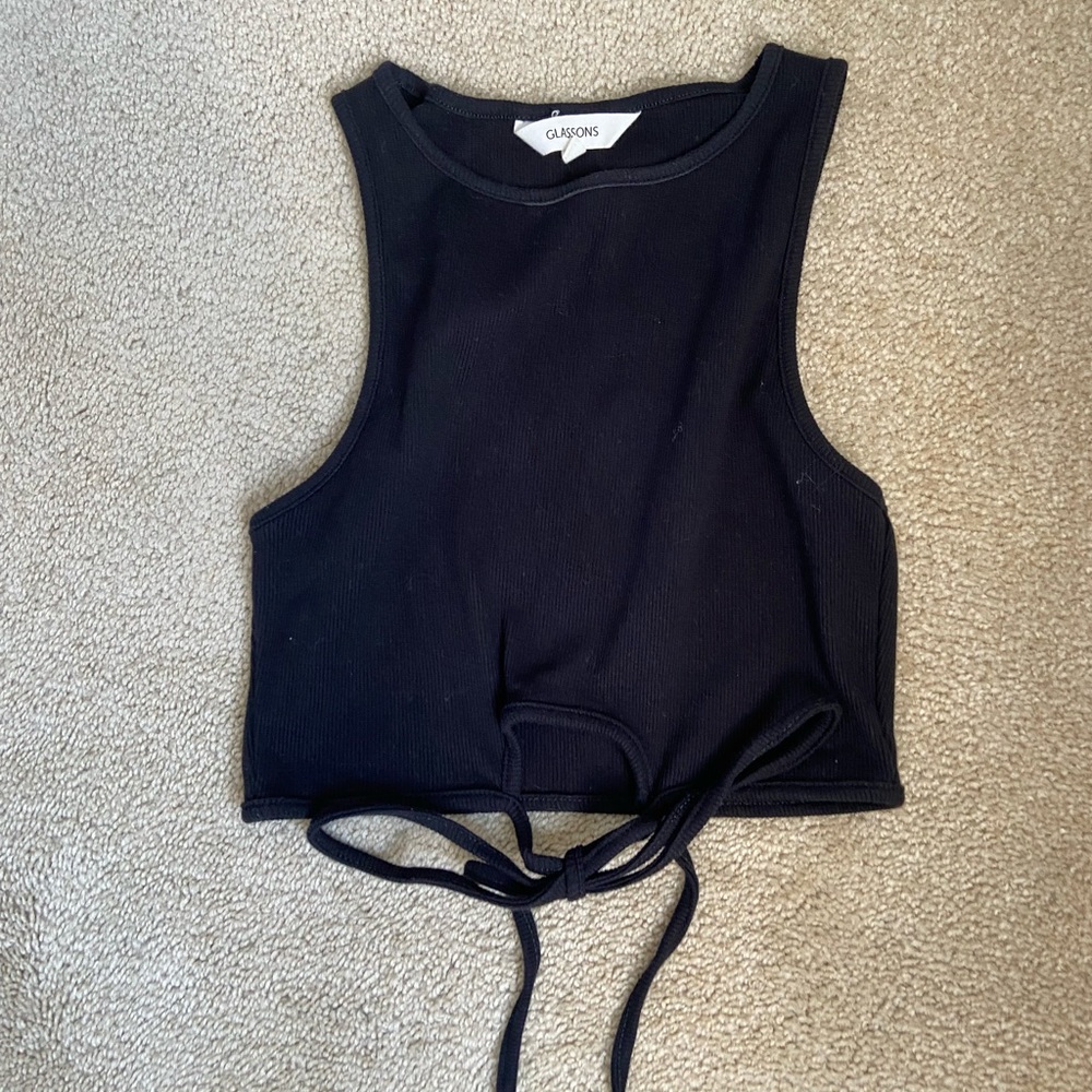 Glassons halter cropped black top with tie detail